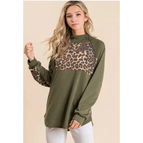 Olive Leopard Raglan Zipper Pullover Top - Picture 9 of 11